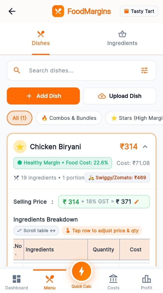 Dish Costing & Swiggy Zomato Price Shield